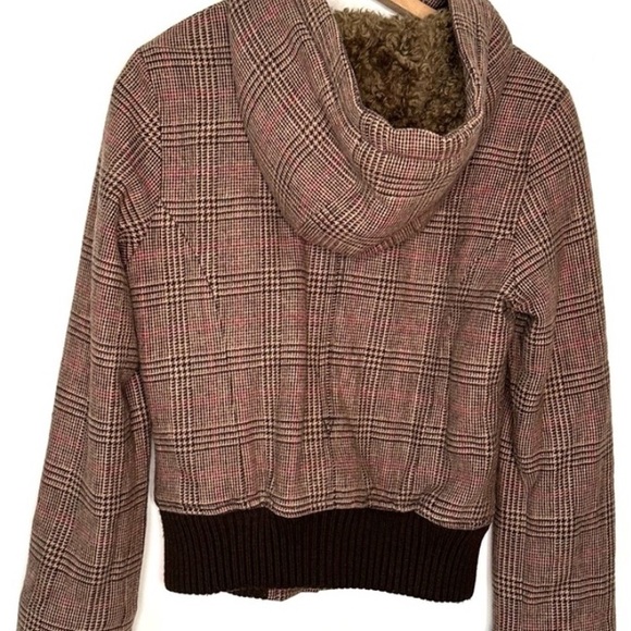 American Eagle Brown Plaid Houndstooth Tweed Hooded Bomber Jacket Size Medium - Picture 2 of 6